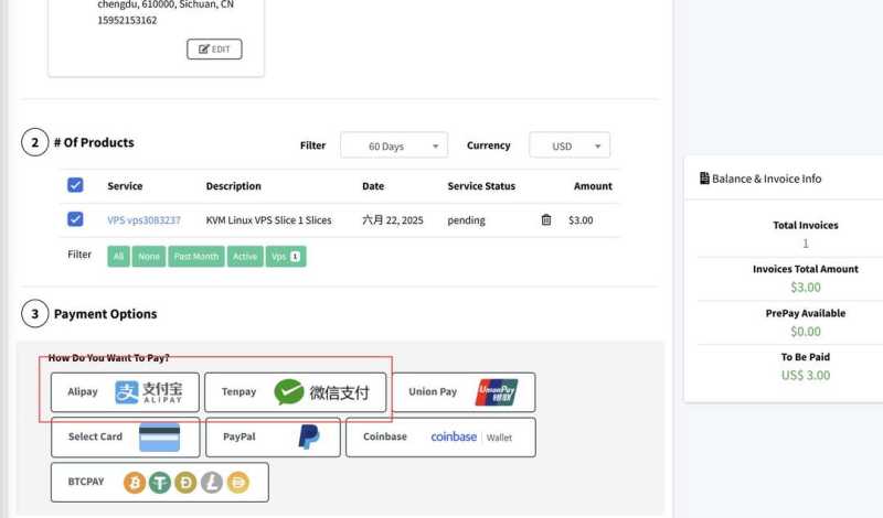 InterServer美国VPS购买教程-账单页面