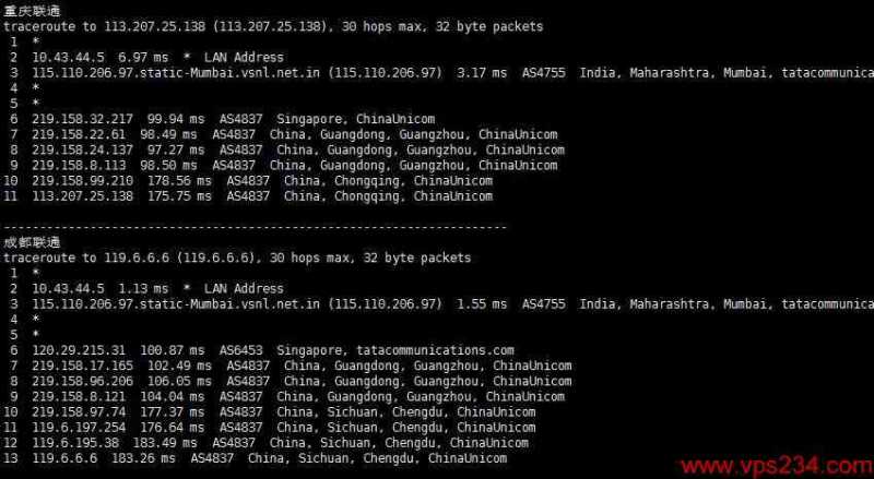 arkecx印度VPS测评 - 联通回程路由