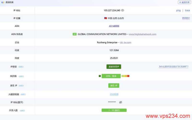 丽萨主机台湾VPS网络测试-IP属性