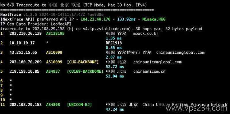 浩捷云韩国VPS测评 - 联通回程路由