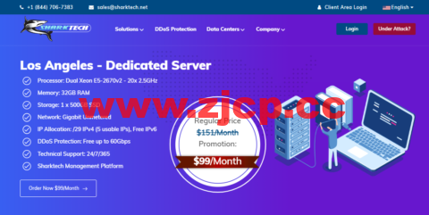 Sharktech：美国高防物理机，洛杉矶机房，2*E5-2670V2/32G内存/500G SSD磁盘/不限流量/1Gbps带宽，$99/月插图