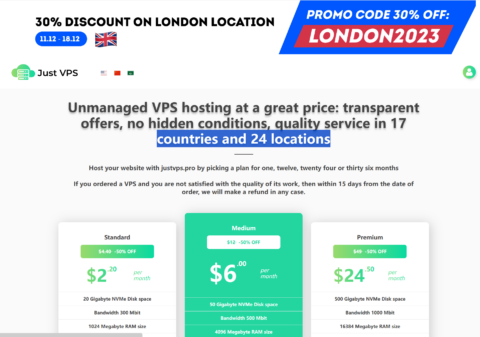 JustVPS：新上伦敦VPS，七折优惠，1核/1GB/20GB/300M不限流量，$2.2/月起插图