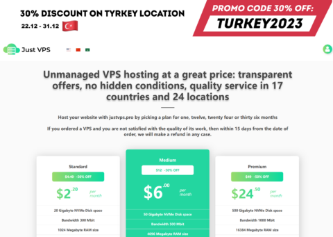 JustVPS：土耳其机房VPS，七折优惠，1核/1GB/20GB/300M不限流量，$3.08/月起，$92.40/5年插图