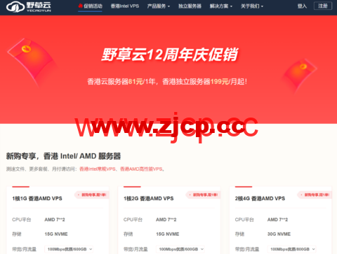 #12周年促销#野草云：香港AMD系列VPS年付81元起，香港独立服务器199元/年起插图